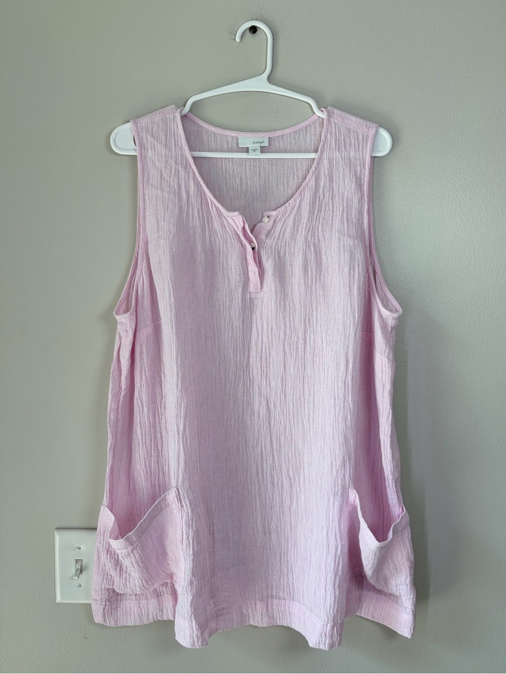 Pure Jill Light Pink Linen Gauze Henley Sleeveless Tunic Top w Patch Pockets